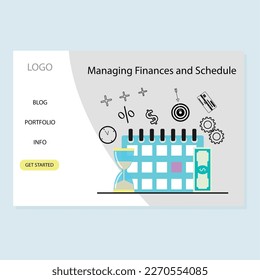 Managing finance and schedule landing page with calendar and hourglass. Vector financial management budget planning, management and money-saving, financial advice and retirement planning illustration