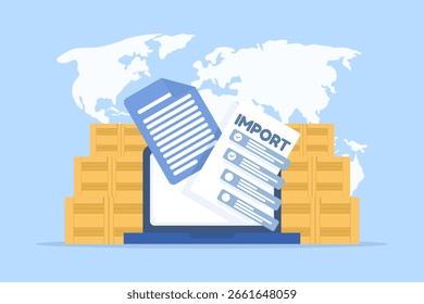 Managing global imports with online document and shipment tracking, global logistics in a distribution warehouse. Smart innovation technology for shipping. Import and export. Vector illustration.