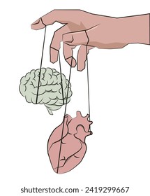 Manejando el corazón irracional y la mente racional. La mano controla el corazón y el cerebro como marionetas. EPS 10.