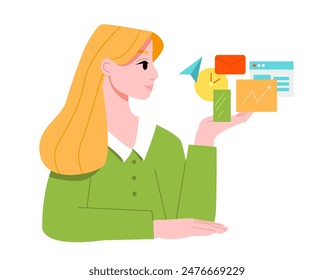 Managing Multiple Projects. 
Multitasking Woman. Project Management Software. Flat Vector Illustration.