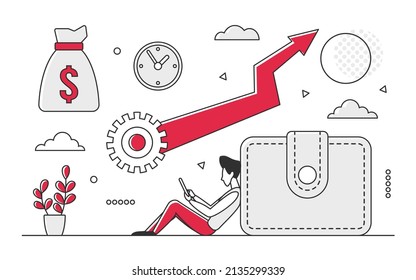 Managing personal finance money. Cash savings and wallet payments vector monocolor illustration
