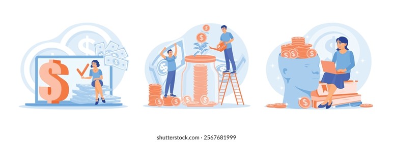 Managing personal finances. People keep money in jars. Invest in education. Financial literacy concept. Set flat vector illustration.