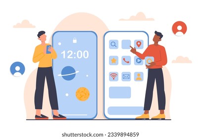 Managing phone interface concept. Men near smartphone screen. Display on gadget or device. Firmware and software update. People downloading applications. Cartoon flat vector illustration