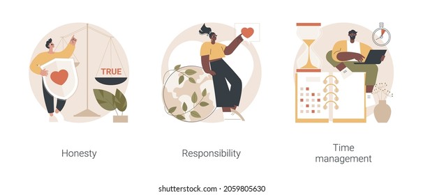 Managing position abstract concept vector illustration set. Honesty and responsibility, time management, effective planning, productivity at work, corporate core value, control abstract metaphor.