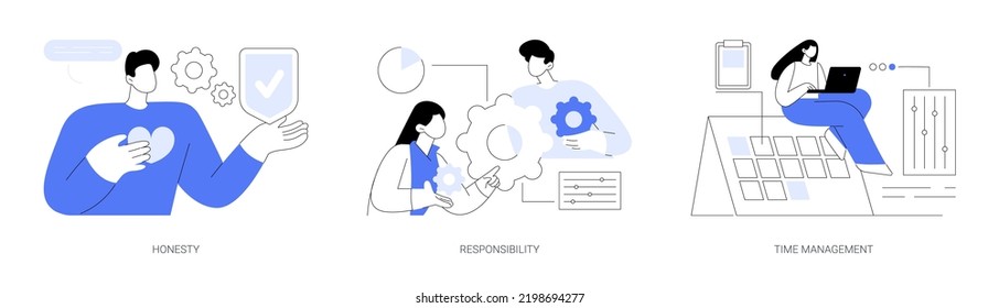 Managing position abstract concept vector illustration set. Honesty and responsibility, time management, effective planning, productivity at work, corporate core value, control abstract metaphor.