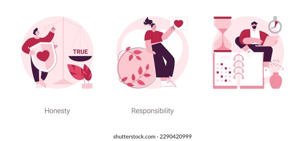 Managing position abstract concept vector illustration set. Honesty and responsibility, time management, effective planning, productivity at work, corporate core value, control abstract metaphor.