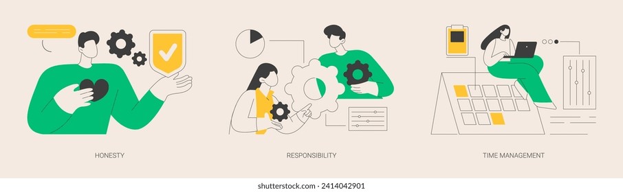 Managing position abstract concept vector illustration set. Honesty and responsibility, time management, effective planning, productivity at work, corporate core value, control abstract metaphor.