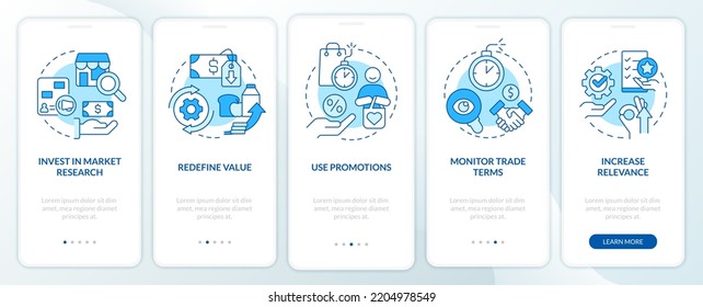 Managing prices blue onboarding mobile app screen. Inflation walkthrough 5 steps editable graphic instructions with linear concepts. UI, UX, GUI template. Myriad Pro-Bold, Regular fonts used