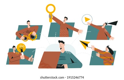 Managing a remote team concept. Connective video call, online conference, global cyberspace, collaboration, network, global outsourcing, company remote management, distributed teamwork flexibility