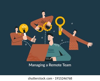 Gestión de un concepto de equipo remoto e ilustración vectorial plana moderna. Ciberespacio global, trabajo en equipo distribuido, colaboración, red, externalización global, gestión remota de la empresa, flexibilidad