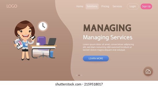 Managing Services website template. Illustration of a cartoon businesswoman manager talking on a mobile phone about a work task. Composition with a professional. Flat female character.
