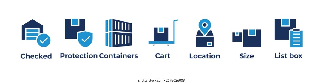 Managing Shipments with Precision Icons set vector illustration with Checked, Protection, Containers, Cart, Location, Size, List box