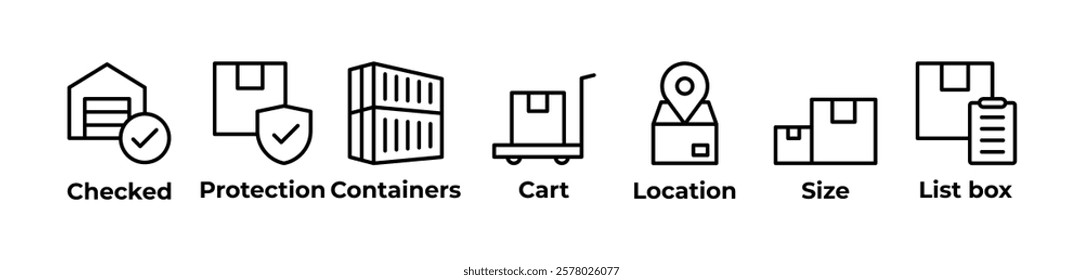 Managing Shipments with Precision Icons set vector illustration with Checked, Protection, Containers, Cart, Location, Size, List box