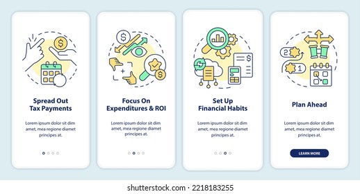 Managing small business finance guide onboarding mobile app screen. Walkthrough 4 steps editable graphic instructions with linear concepts. UI, UX, GUI template. Myriad Pro-Bold, Regular fonts used