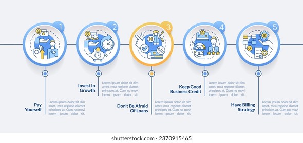 Managing small business finances tips circle infographic template. Data visualization with 5 steps. Editable timeline info chart. Workflow layout with line icons. Lato-Bold, Regular fonts used