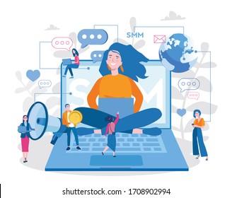 Managing SMM strategy processes . Vector illustration for web banner, infographics, mobile. Young girl SMM specialist.