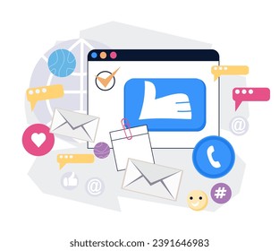 Gestión de medios sociales para un negocio e implementación de campañas de correo electrónico efectivas, diseño de pancartas ilustración vectorial plana aislada en blanco. Estrategia de medios sociales y correo electrónico de la gestión empresarial.