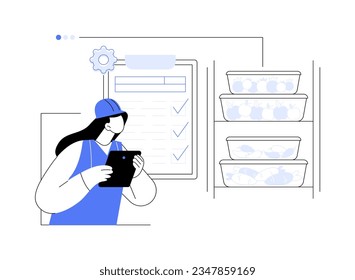 Managing storage abstract concept vector illustration. Warehouse worker checking goods on the shelves, wholesale business, foreign trade, business inventory, supermarket storage abstract metaphor.