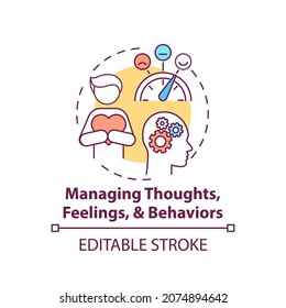 Managing thoughts, feelings and behaviors concept icon. Addiction recovery steps. Body health. Medicine abstract idea thin line illustration. Vector isolated outline color drawing. Editable stroke
