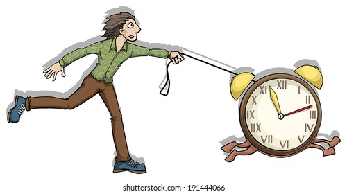 Managing time, concept, man running after a clock, vector illustration