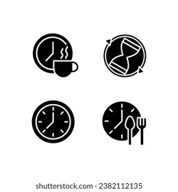 Administrar con eficiencia el tiempo iconos de glifos negros establecidos en el espacio blanco. Cristal de arena rotante. Período de descanso. Cara de reloj. A mediodía en el trabajo. Símbolos de silueta. Paquete de pictogramas sólido. Ilustración aislada del vector