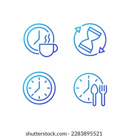 Managing time efficiently pixel perfect gradient linear vector icons set. Rotating sandglass. Break period. Clock. Thin line contour symbol designs bundle. Isolated outline illustrations collection