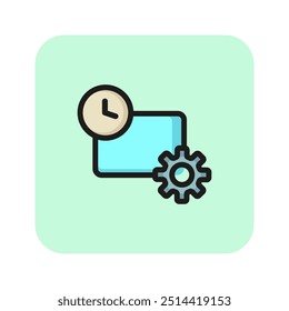 Managing time line icon. Computer screen, gear, watch. Management concept. Vector illustration can be used for office work, job, training