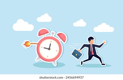 Managing time racing against project deadlines or facing hurdles in product delivery, concept of Afraid businessman fleeing from ticking time bomb ready to explode