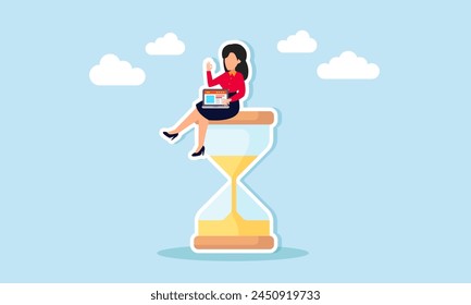 Managing time under pressure, meeting deadlines, ensuring productivity and efficiency, concept of businesswoman working on laptop with sandglass timer
