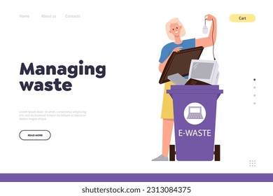 Managing waste landing page design template with young woman sorting broken electronic equipment