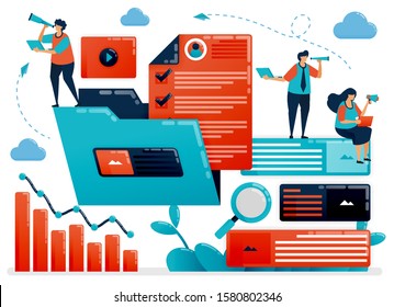 Managing the work folder to streamline company performance. Organize documents and data in folders for increase business growth. Flat cartoon character for landing page, website, mobile, flyer, poster