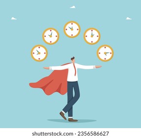 Managing work time and planning the working day, observing the calendar schedule and meeting project deadlines, time management, employee productivity per unit of working time, man juggles the clock.