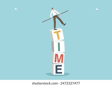 Managing work time, planning working day, observing the calendar schedule, meeting project deadlines, time management, employee productivity, urgent work, man balances on cubes with inscription time.