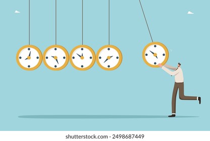 Managing work time and planning working day, observing calendar schedule and meeting project deadlines, time management, employee productivity per unit of working time, man launches clocks like balls.