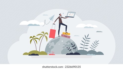 Managing work and travel with business and leisure trip tiny person concept. Businessman in vacation with holiday luggage and laptop vector illustration. Effective weekend with internet connection.