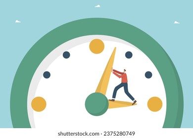 Managing working time and planning working day, adhering to the calendar schedule and meeting project deadlines, time management, employee productivity per unit of working time, man stops clock hand.