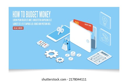 Managing Your Personal Budget Planning Concept With Colorful Isometric Web Banner With Copy Space For Text. Vector Illustration Eps10