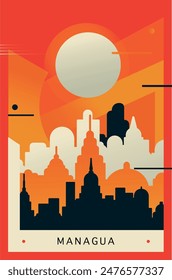 Managua city brutalism poster with abstract skyline, cityscape. Nicaragua horizon vector illustration. Travel front cover, brochure, flyer, leaflet, presentation template, layout image