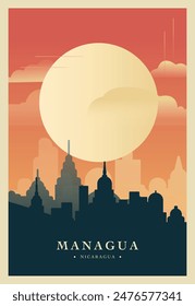 Managua city brutalism poster with abstract skyline, cityscape. Nicaragua horizon vector illustration. Travel front cover, brochure, flyer, leaflet, presentation template, layout image