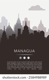 Managua city template for website, presentation, front page, invitation, publication sheet with skyline, landmarks. Vector Nicaragua image layout, simple and grayscale