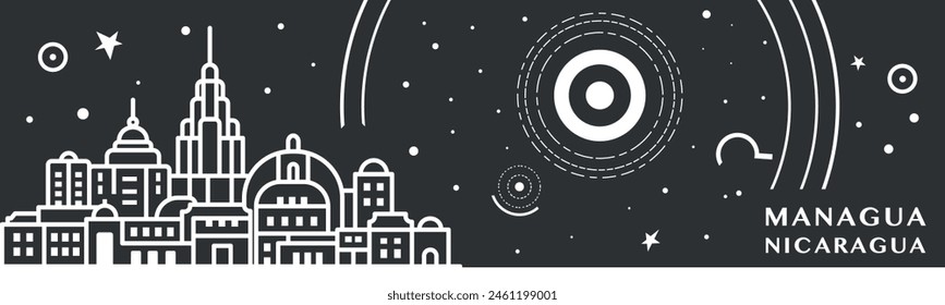 Managua city thin line style banner with black and white cityscape and skyline. Chalkboard vector horizontal illustration, header, footer for Nicaragua