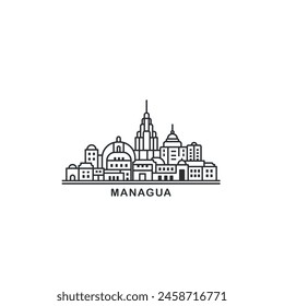 Managua cityscape skyline city panorama vector flat modern logo icon. Nicaragua capital emblem idea with landmarks and building silhouettes. Isolated thin line black graphic
