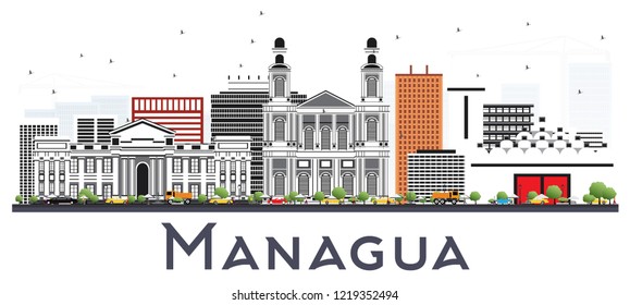Managua Nicaragua Skyline with Gray Buildings Isolated on White. Vector Illustration. Business Travel and Tourism Concept with Modern Architecture. Managua Cityscape with Landmarks.