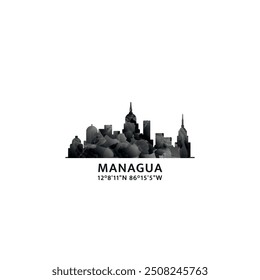 Managua panorama, vector badge, skyline logo and icon. Nicaragua capital city horizon logotype with landmarks and building silhouettes. Isolated foggy abstract gradient graphic