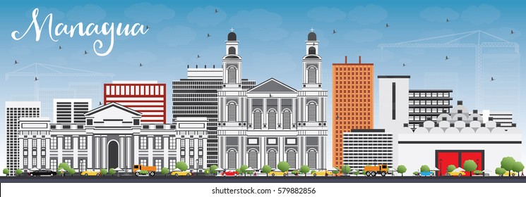 Managua Skyline with Gray Buildings and Blue Sky. Vector Illustration. Business Travel and Tourism Concept with Modern Architecture. Image for Presentation Banner Placard and Web Site.