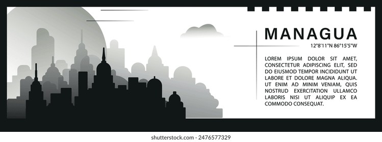 Managua skyline vector banner infographic, black and white minimalistic cityscape silhouette. Nicaragua capital city horizontal graphic, travel, monochrome layout for website