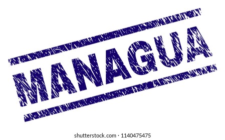 MANAGUA stamp seal watermark with scratced style. Blue vector rubber print of MANAGUA text with dust texture. Text label is placed between parallel lines.