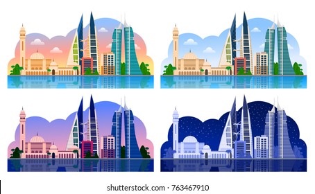 Manama. Bahrain. Horizontal panoramic view. Night, day, evening, dawn, sunset. City skyline. Vector flat illustrations.