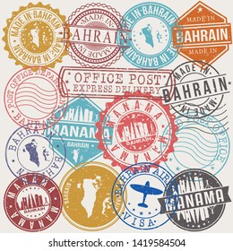Manama Bahrain Set of Stamps. Travel Stamp. Made In Product. Design Seals Old Style Insignia.