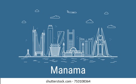 Manama city, Line Art Vector illustration with all famous buildings. Linear Banner with Showplace. Composition of Modern cityscape. Manama buildings set